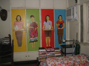 Olan Ventura's life-sized depictions of Gilda's household helpers on her cabinet doors