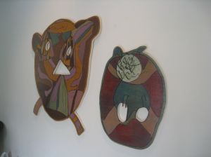 Mariano and Haraya Ching, "Jelly Ace Series 5" and "Jelly Ace Series 6", pyrograph and acrylic in wood